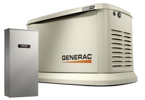 A Guardian 26kW Home Backup Generator with Whole House Switch WiFi-Enabled next to a storage unit.