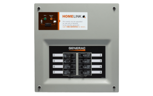 A panel with a black and white image of a Homelink 50A MTS breaker box.