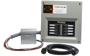 An Homelink 30A MTS w/ Power Inlet Box Aluminum electrical panel with wires and a power supply.