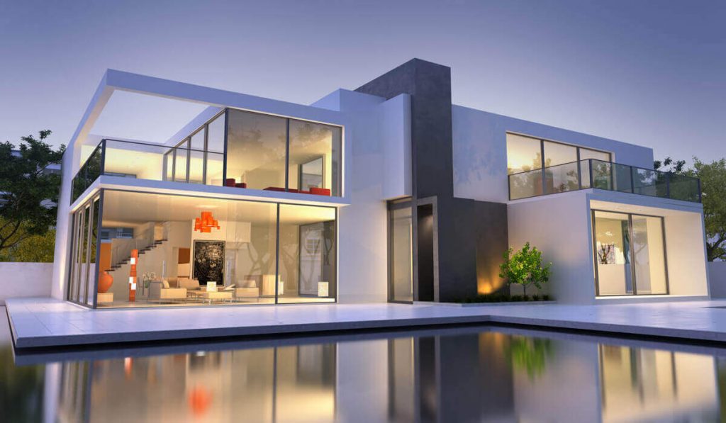 3d rendering of a modern house at dusk.